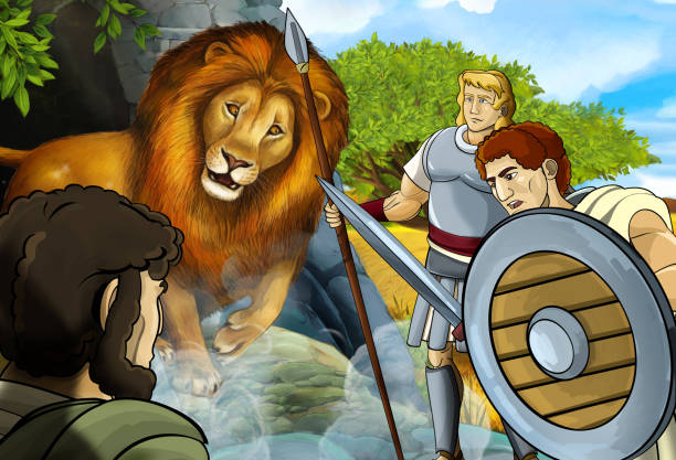 cartoon scene with greek or roman warrior or philosopher fighting nemean lion cartoon scene with greek or roman warrior or philosopher fighting nemean lion - illustration for children famous archer stock illustrations