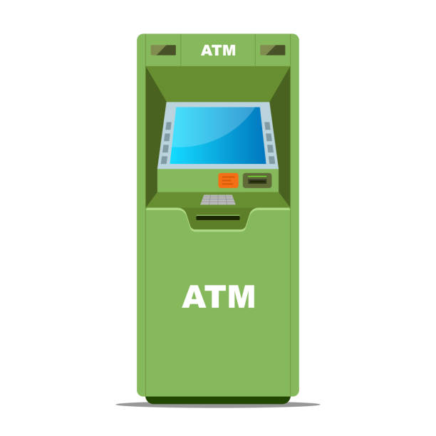 green ATM for withdrawing money on a white background green ATM for withdrawing money on a white background. flat vector illustration atm illustrations stock illustrations