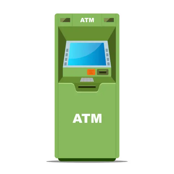 Vector illustration of green ATM for withdrawing money on a white background