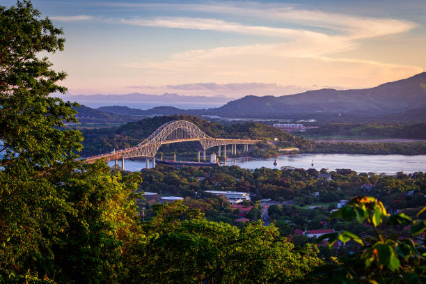 container ship passing through panama canal in scenic landscape - panama canal panama global finance container ship imagens e fotografias de stock