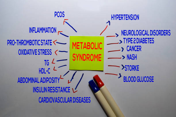 texto do método da síndrome metabólica com palavras-chave isoladas no fundo da placa branca. conceito de gráfico ou mecanismo. - insulin resistance - fotografias e filmes do acervo