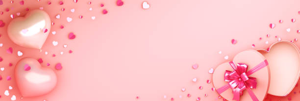 ハッピーバレンタインデー、グリーティングカード、ピンクのバラと金のハートの形のバルーン、背景にギフトボックス紙吹雪、レイアウト、フラットレイ、バナー、トップビュー、コピー� - invitation birthday card creativity ideas ストックフォトと画像