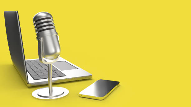 vintage mic notebook and smartphone on yellow background 3d rendering for podcast content. The vintage mic notebook and smartphone on yellow background 3d rendering for podcast content. vintage portable silver radio stock pictures, royalty-free photos & images