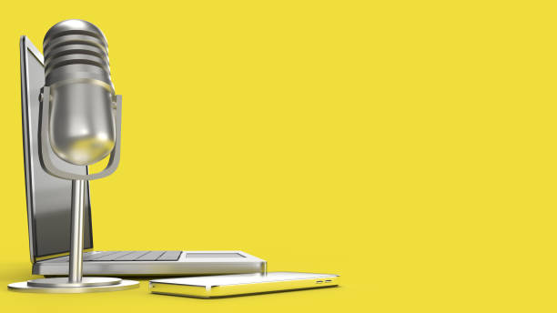 vintage mic notebook and smartphone on yellow background 3d rendering for podcast content. The vintage mic notebook and smartphone on yellow background 3d rendering for podcast content. vintage portable silver radio stock pictures, royalty-free photos & images