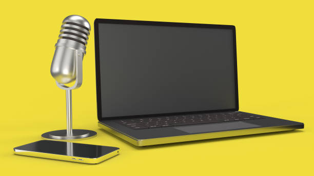 vintage mic notebook and smartphone on yellow background 3d rendering for podcast content. The vintage mic notebook and smartphone on yellow background 3d rendering for podcast content. vintage portable silver radio stock pictures, royalty-free photos & images