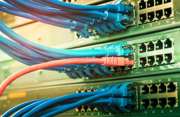 server rack with blue and red internet patch cord cables connected to black patch panel in data server room - network server rack data center in a row imagens e fotografias de stock