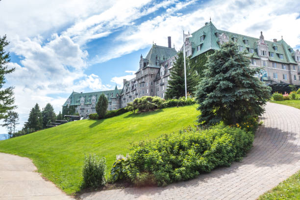 Low angle view of historical Manoir Richelieu, La Malbaie, Charlevoix, Quebec, Canada stock photo