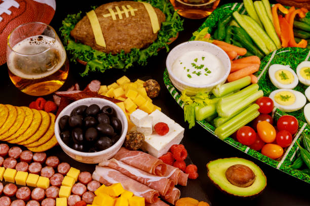 party table for watching american football game. - american football football food snack imagens e fotografias de stock
