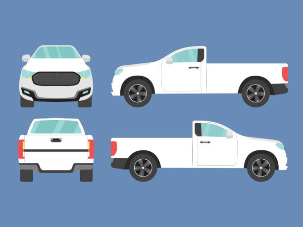 satz von weißen pickup lkw einzelkabine autoansicht auf blauem hintergrund, illustration vektor, seite, vorne, zurück - truck pick up truck side view car stock-grafiken, -clipart, -cartoons und -symbole