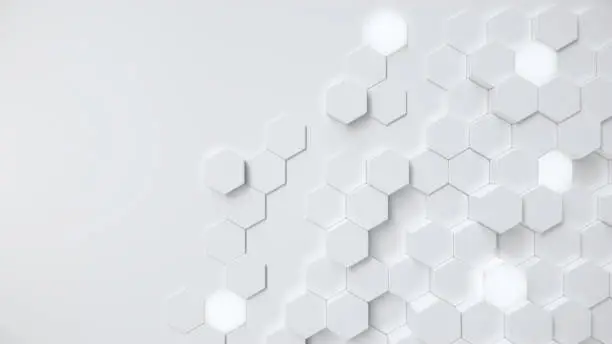 Photo of White geometric hexagonal abstract background. Surface polygon pattern with glowing hexagons, honeycomb. Abstract white self-luminous hexagons. Futuristic abstract background 3D Illustration