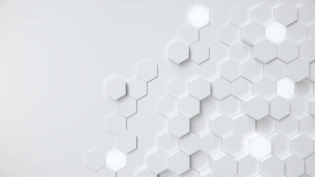 white geometric hexagonal abstract background. surface polygon pattern with glowing hexagons, honeycomb. abstract white self-luminous hexagons. futuristic abstract background 3d illustration - abstract science hexagon mesh imagens e fotografias de stock