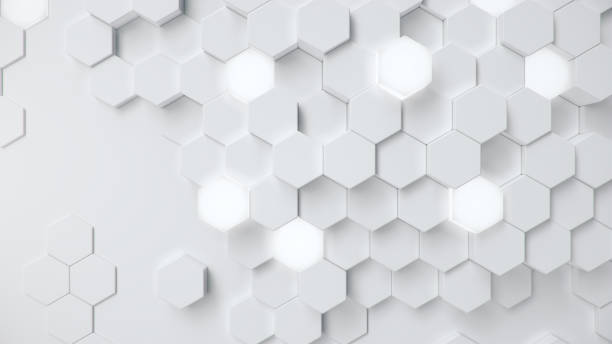 white geometric hexagonal abstract background. surface polygon pattern with glowing hexagons, honeycomb. abstract white self-luminous hexagons. futuristic abstract background 3d illustration - white molecule imagens e fotografias de stock