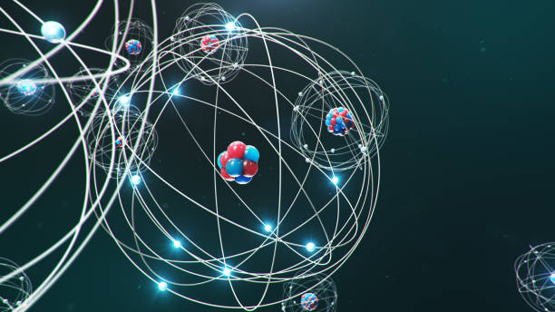 istock Abstract atom model. Atom is the smallest level of matter that forms chemical elements. Glowing energy balls. Nuclear reaction. Concept nanotechnology. Neutrons and protons - nucleus. 3D Illustration 1197582828
