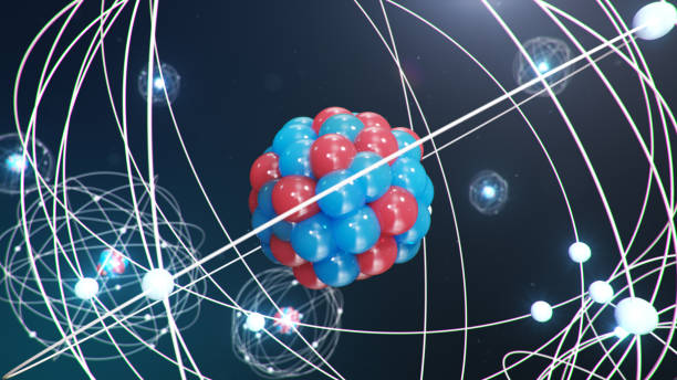 istock Abstract atom model. Atom is the smallest level of matter that forms chemical elements. Glowing energy balls. Nuclear reaction. Concept nanotechnology. Neutrons and protons - nucleus. 3D Illustration 1197582835