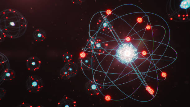 illustration 3d structure atomique. l'atome est le plus petit niveau de matière qui forme des éléments chimiques. boules d'énergie brillantes. réaction nucléaire. concept nanotechnologie. neutrons et protons - noyau. - atom molecule electron molecular structure photos et images de collection