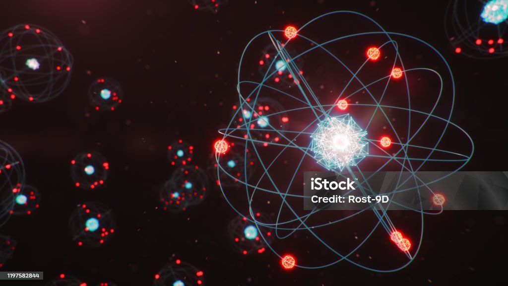 3D Illustration Atomic structure. Atom is the smallest level of matter that forms chemical elements. Glowing energy balls. Nuclear reaction. Concept nanotechnology. Neutrons and protons - nucleus. 3D Illustration Atomic structure. Atom is the smallest level of matter that forms chemical elements. Glowing energy balls. Nuclear reaction. Concept nanotechnology. Neutrons and protons - nucleus Atom Stock Photo