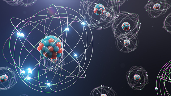 Ilustración 3D Estructura atómica. El átomo es el nivel más pequeño de materia que forma elementos químicos. Bolas de energía brillantes. Reacción nuclear. Concepto de nanotecnología. Neutrones y protones - núcleo. photo