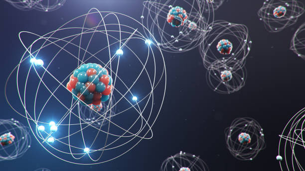 illustrazione 3d struttura atomica. l'atomo è il più piccolo livello di materia che forma elementi chimici. palle di energia incandescenti. reazione nucleare. concetto nanotecnologia. neutroni e protoni - nucleo. - atomo foto e immagini stock