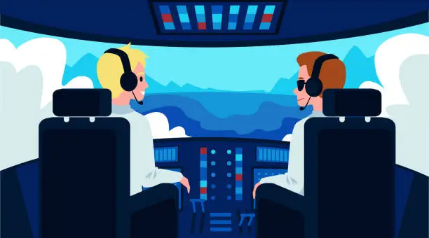Vector illustration of Pilot and copilot inside airplane cockpit flat cartoon vector illustration.