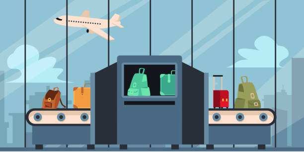 illustrazioni stock, clip art, cartoni animati e icone di tendenza di controllo bagagli e bagagli in aeroporto, controllo di sicurezza al terminal partenze. - turismo di eco