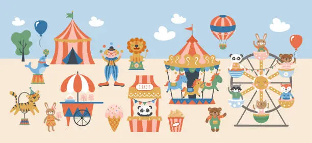 Vector illustration of Amusement park or carnival with cute animals design.