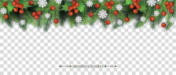 Seamless christmas border with green tree and holly branches and snowflakes. Seamless christmas border with green tree and holly branches and snowflakes. Christmas winter seamless border for decoration, realistic vector illustration on transparent background. frame border backgrounds stock illustrations