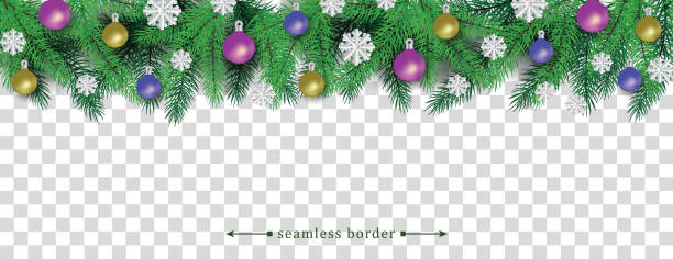 istock Seamless christmas border with festive balls, tree branches and snowflakes. 1197586090
