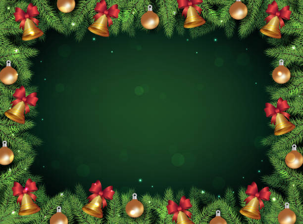 istock Christmas tree pine branch frame with golden bells and baubles 1197586102