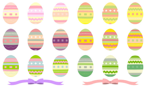 ilustraciones, imágenes clip art, dibujos animados e iconos de stock de conjunto de ilustraciones de tres tipos de huevos de pascua (6 variaciones de color) - ribbon powder blue isolated on white isolated