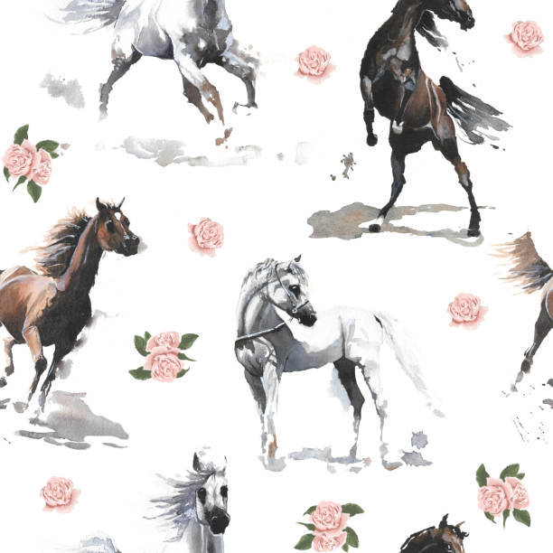 Hand drawn watercolor cute seamless pattern illustration white and dark brown wild Arabian horses and pink roses Hand drawn watercolor cute seamless pattern illustration white and dark brown wild Arabian horses and pink roses on the white background for cloth, linen, wallpaper texture or other textile print charismatic racehorse stock illustrations