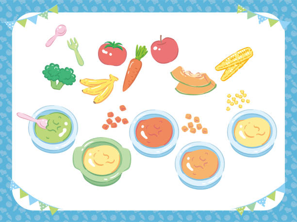 Baby food. Puree, fruits and vegetables. Baby food. Puree, fruits and vegetables. Vector illustration. banana seat stock illustrations