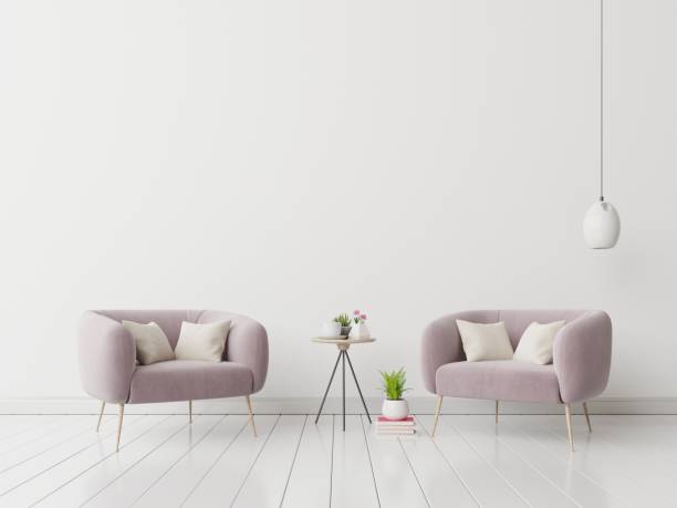 istock Interior with velvet armchair on empty white wall background. 1197594529
