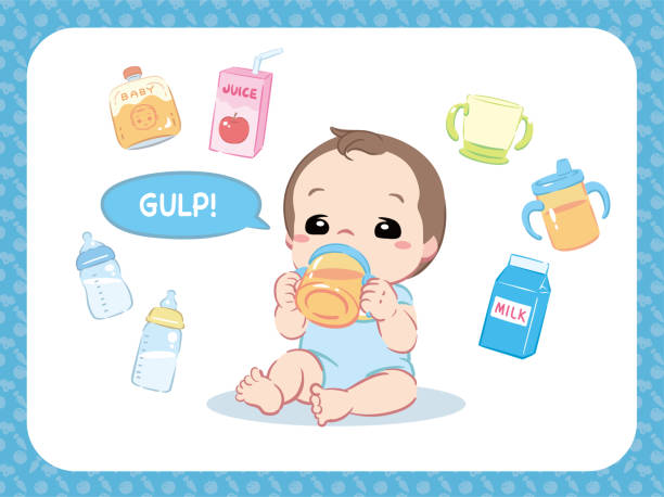 illustrazioni stock, clip art, cartoni animati e icone di tendenza di carino bambino bere acqua, succo o qualcosa del genere. e articoli correlati. - baby cup