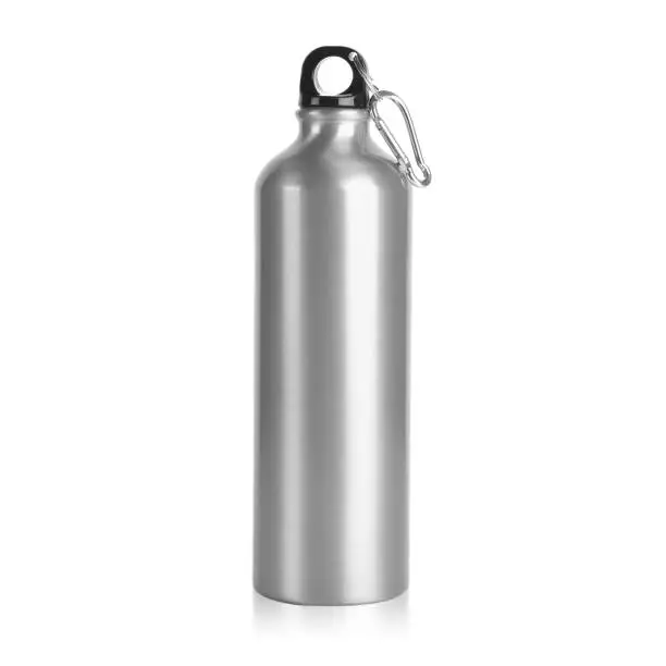 Photo of Silver Stainless Steel Aluminium Outdoor Hiking Glossy Metal Water Bottle with Cap & Handle Isolated on White Background.