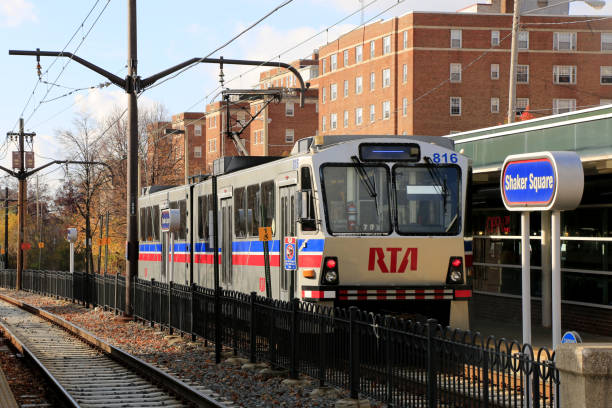 Cleveland, Ohio, USA - November 07, 2015: Cleveland RTA Rapid Transit train at Shaker Square Station