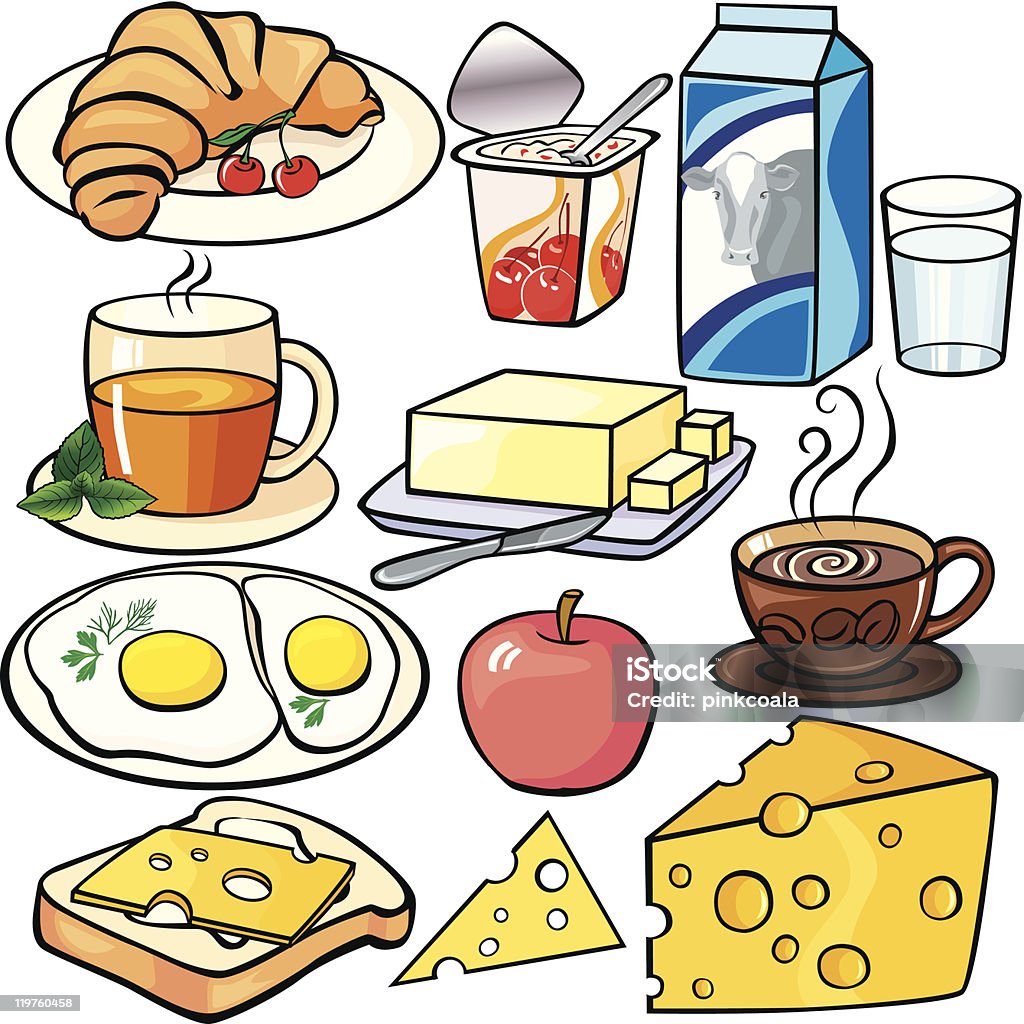 Illustrations of breakfast foods Breakfast icons set on white Apple - Fruit stock vector