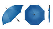 Set of Straight Umbrella in Blue Colour with Handle Isolated on White Background. Taken in Studio.