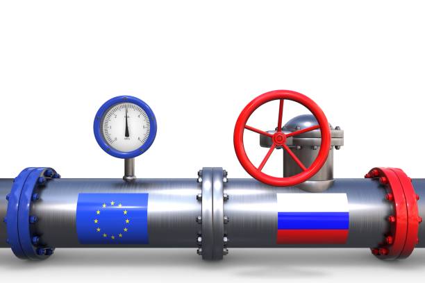 3D illustration: steel gas pipe with flags of European union and Russia with a red valve and a blue pressure gauge on white background. Pipeline to Europe. Russian-American political and trade wars. 3D illustration: steel gas pipe with flags of European union and Russia with a red valve and a blue pressure gauge on white background. Pipeline to Europe. Russian-American political and trade wars. gauge pressure gauge pipe valve stock pictures, royalty-free photos & images