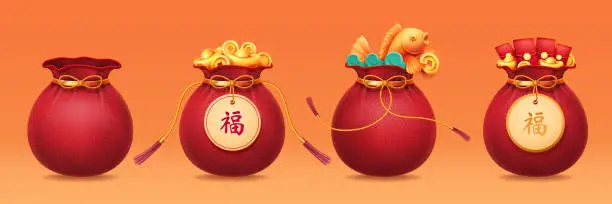 Vector illustration of Bag with ribbon or sack with tassels, pouch with golden ingot, packet with money or hangbao, sac with chinese hieroglyph that means Good Luck or Fortune. 2020 CNY or china new year holiday