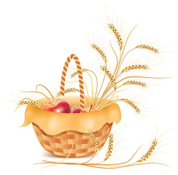 istock Ears of wheat and red apples in the basket. 119760599