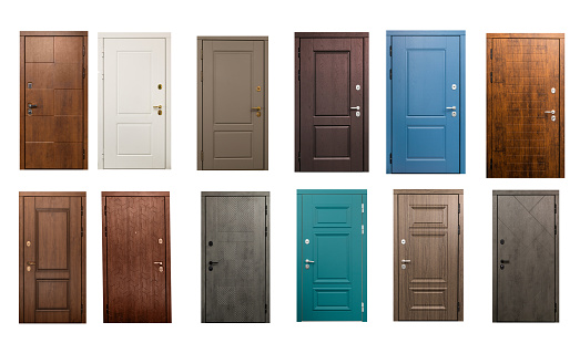 Set of wooden doors isolated on white background