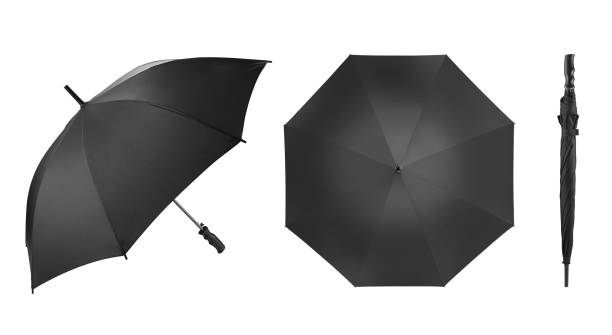 Set of Straight Umbrella in Black Colour with Handle Isolated on White Background. Taken in Studio. Design Template for Mock-up, Branding and Advertise. Front, Open Top View and Closed View umbrella stock pictures, royalty-free photos & images