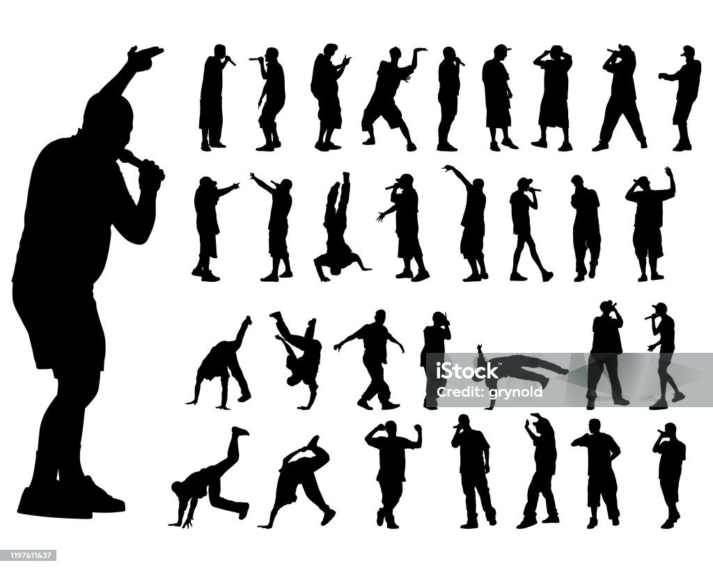 Rap artist Hip hop artists dancing and singing. Isolated silhouettes of people on white background In Silhouette stock vector