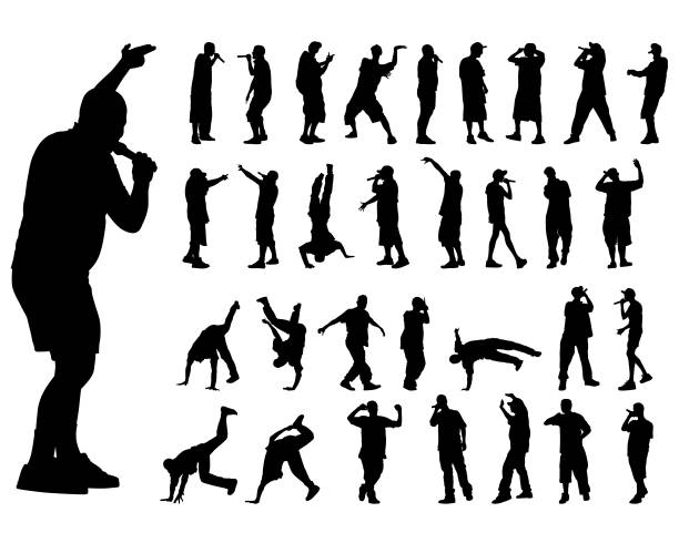 Rap artist Hip hop artists dancing and singing. Isolated silhouettes of people on white background rap stock illustrations