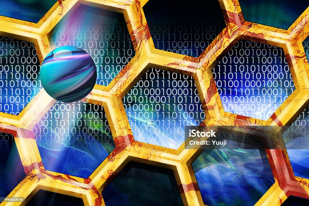 Nanotechnology that manipulates atoms and genes. The atoms are contained in a honeycomb-shaped container. Innovative advances in nanotechnology have created new materials, genetic manipulations using nano robots, and new treatment methods. With the advancement of AI, the world will change dramatically. Beehive Stock Photo
