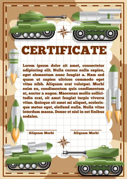 Vector illustration of Children's certificate for military theme.