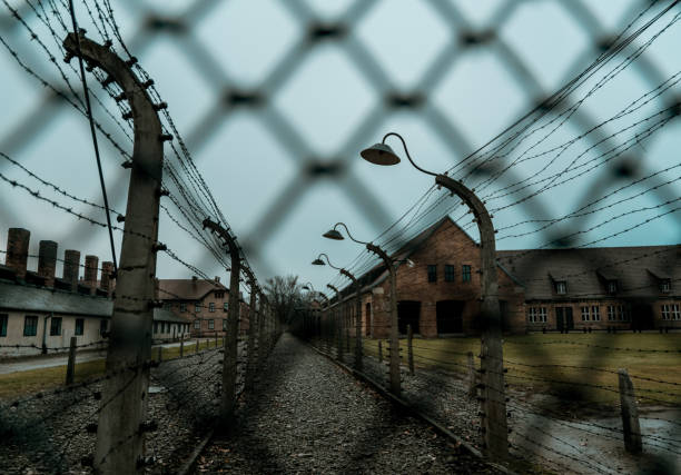 Territory of the Nazi concentration labor camp Auschwitz-Birkenau in Poland. Holocaust in Europe Auschwitz, Poland - November 29, 2019: Concentration labor camp and Auschwitz-Birkenau death camp in Poland. Memorial and Museum of Nazi Terror and the Holocaust in Europe during World War II. Entrance to the camp and prison barracks nazism photos stock pictures, royalty-free photos & images