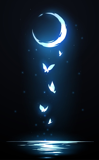 Blue moon and butterfly illustration in vector