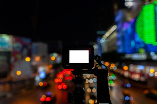 istock Mock up action camera with lighting background at the night time 1197621890