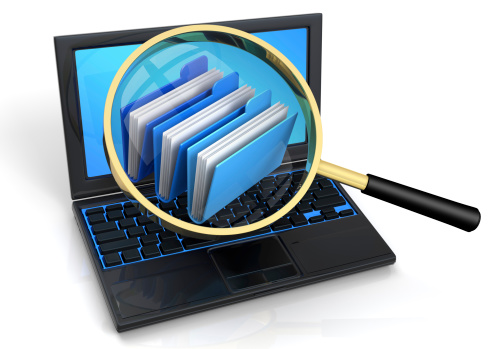 3D rendered illustration of magnifier, aiming and focusing on an archives icon, floating over a laptop screen